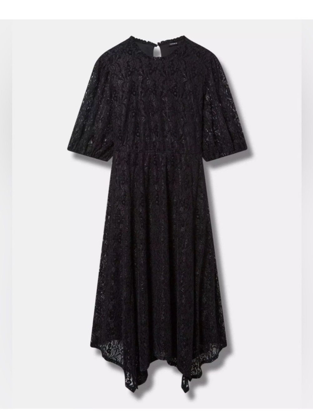 Torrid Tea Length Flocked Lace Sharkbite Hem